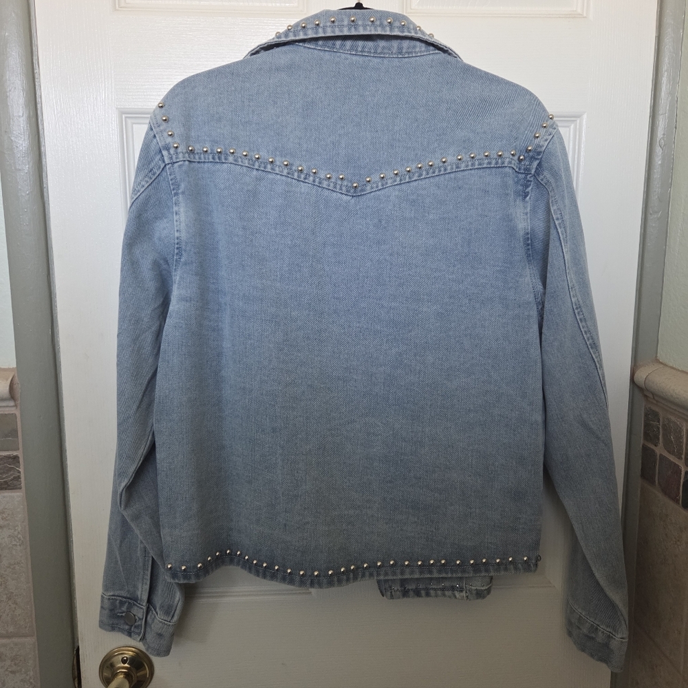 Savanna Jane Light Blue Studded Moto Style Jean Jacket Western Boho Rodeo MEDIUM - Picture 7 of 8